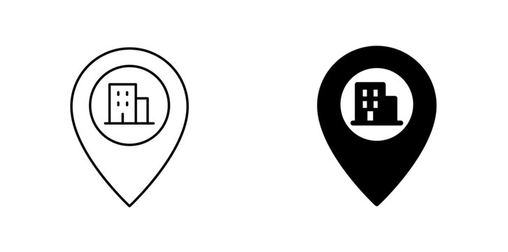 City location pin vector icon set featuring building map marker and navigation place pointer concepts in outline and solid styles.