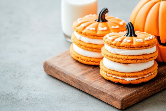 Holiday greeting card with empty copy space for text featuring delicious pumpkin cookies and milk on a board