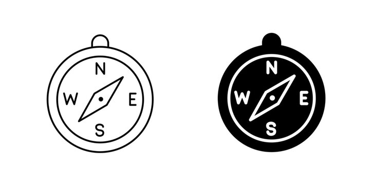 Navigation compass vector icon set featuring direction indicator, travel orientation, and location guide concepts in outline and solid styles.