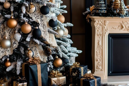 Decorated christmas tree with gift boxes and blank vertical color frame mock up on wall background