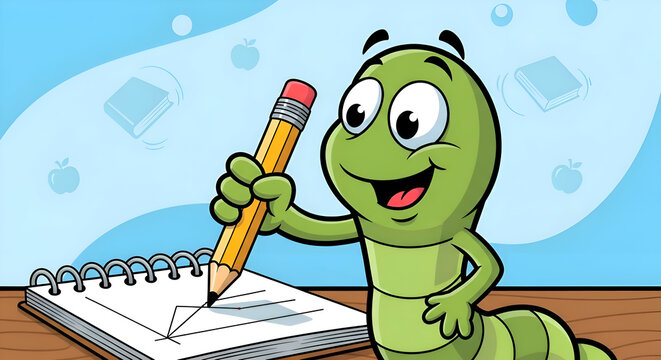 Joyful cartoon caterpillar enthusiastically draws with a pencil on a notepad, inspiring creativity and learning in a bright, cheerful setting