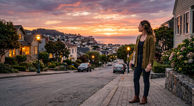 Woman watching sunset over coastal town street