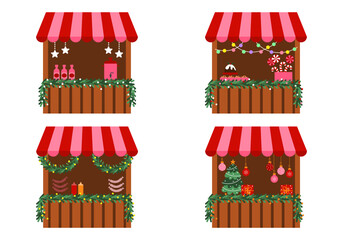 Naklejka premium Set of Christmas market stall kiosk. Set of Christmas Kiosk with Bakery, Sweets and Hot Drinks. Market Stalls with Xmas Food. Wooden Winter Decorated Houses
