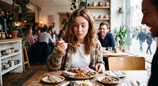 Woman trying new food at restaurant