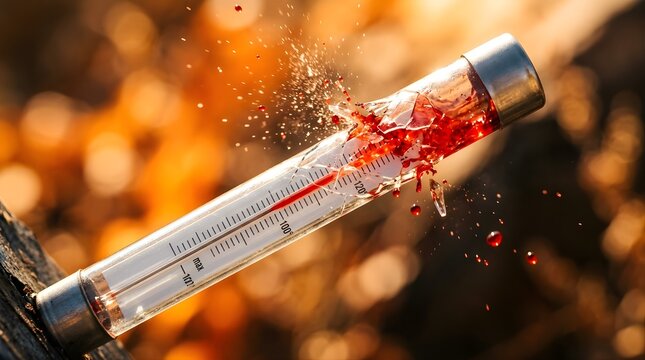 Broken thermometer with exploding red liquid representing high heat