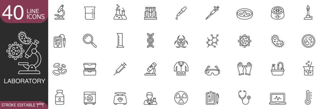 Science laboratory line icon vector set featuring chemistry equipment, biology research, and medical test concepts with editable stroke.