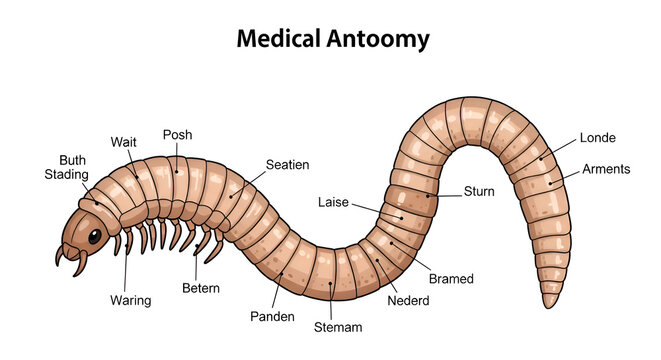 Detailed anatomical illustration of a segmented worm with labeled biological parts for educational and scientific study