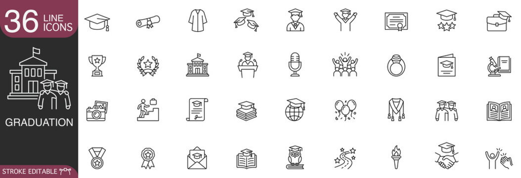 Graduation and education line icon vector set featuring university students, diploma, academic ceremony, and success concepts with editable stroke.