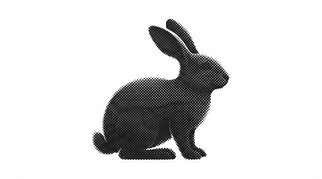 Black rabbit silhouette with halftone dot texture isolated on white background