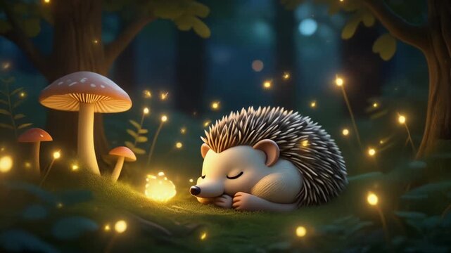 Cute hedgehog sleeping under glowing mushroom with fireflies