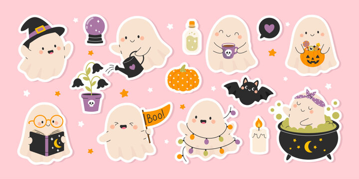 Halloween ghost  sticker collection with cute spooky elements. Adorable and friendly ghosts, bat, magic bullet, pumpkin, candle and magic objects.  Flat vector illustration.