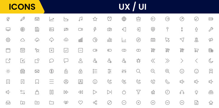 UI UX mega editable icon set with interface elements, dashboard, mobile app and web design symbols modern outline vector collection
