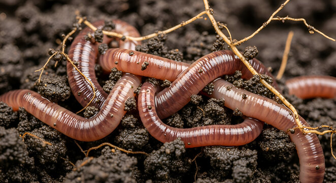Macro close-up of earthworms wriggling in rich dark soil, illustrating natural life and soil health
