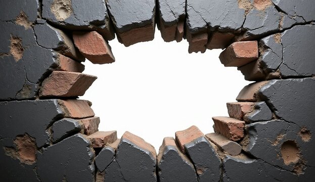 Cracked Dark Wall with Broken Brick Hole Frame