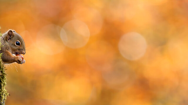 Adorable squirrel captured in profile, holding a nut against a vibrant bokeh background of autumn colors