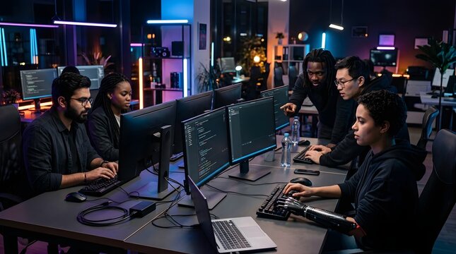Diverse Software Development Team Working Together in Modern Night Office