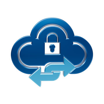 3d blue cloud with padlock and bidirectional arrows for secure data transfer and syncing