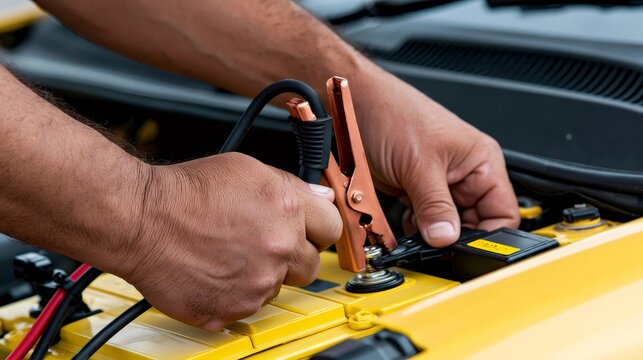 Mechanic connecting jumper cables to car battery for jump start
