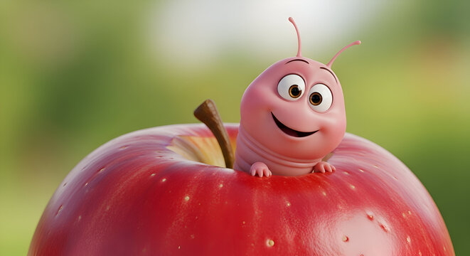 Adorable pink cartoon caterpillar peeking out of a juicy red apple with a cheerful expression, perfect for children's stories and educational content.