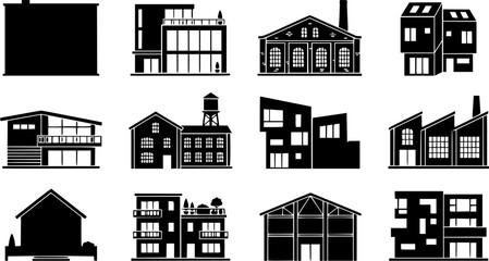 Fototapeta premium Loft Apartment Silhouette Icon Set. Collection of residential flat icons, including loft apartment, residential building shapes, and more. Solid black glyph.
