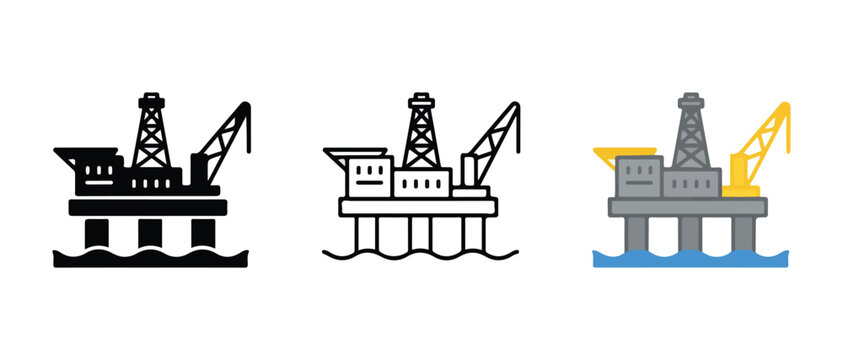 offshore oil drilling platforms with cranes in various styles isolated on transparent background