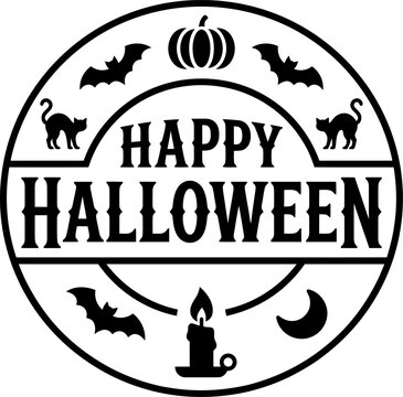 Happy halloween round vector badge featuring stylized pumpkin silhouette bats black cats and burning candle design for festive seasonal decorations