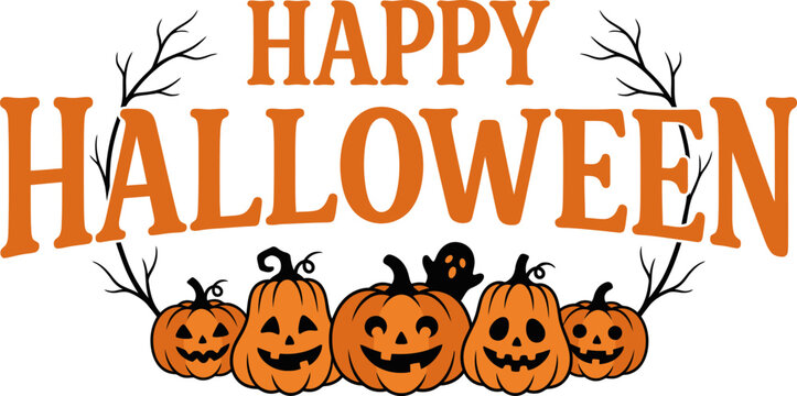 Happy halloween vector illustration featuring orange carved pumpkins and a small black ghost surrounded by dark bare tree branch elements