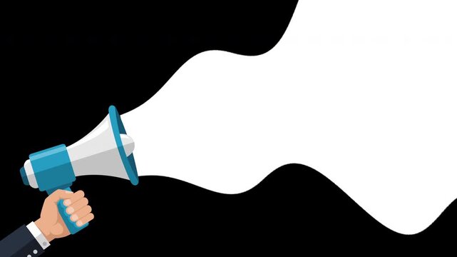 Hand Holding Blue Megaphone Announcing with Flowing White Sound Wave Form over Black Background for Business Promotion and Message Broadcast