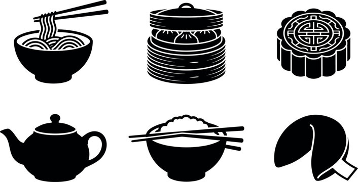Traditional Chinese cuisine and Asian food silhouette icons vector set featuring noodles dim sum mooncake teapot rice bowl and fortune cookie.