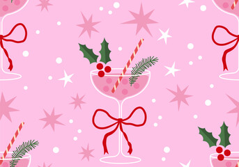 Naklejka premium Seamless pattern with cocktails. Holiday party design. Winter holiday drinks. Christmas themed cocktails