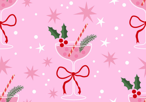 Seamless pattern with cocktails. Holiday party design. Winter holiday drinks. Christmas themed cocktails