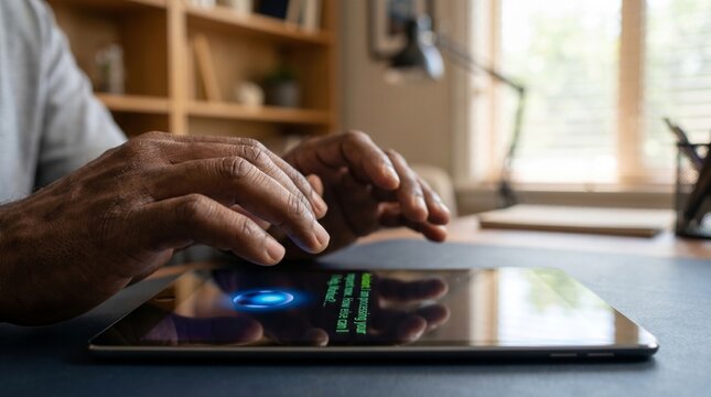Person using tablet with glowing interface in bright office space