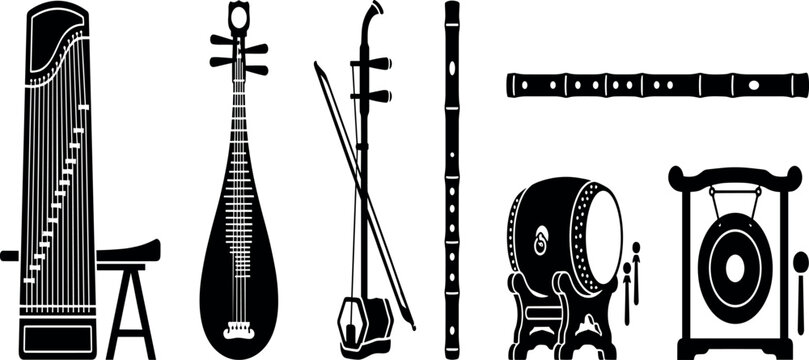 Traditional Chinese musical instruments silhouette icons vector set featuring guzheng pipa erhu dizi bamboo flute drum and percussion gong.