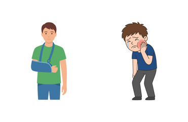 Obraz premium Vector illustration of young people suffering from physical pain, arm injury and toothache symptoms