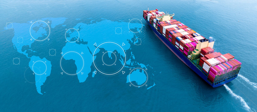 Aerial view container cargo ship freight shipping international, Global business freight shipping import export logistic transportation container ship, Container cargo ship sea freight container ship.