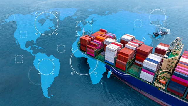 Aerial view container cargo ship international industrial, Global business import export transportation logistic by container cargo ship, Sea fright shipping industry, Container cargo freight shipping