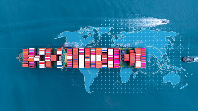 Aerial view container cargo ship international industrial, Global business import export transportation logistic continer cargo by container cargo ship, Sea fright shipping business industry