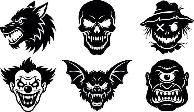 Spooky Halloween monster face vector icon set featuring aggressive werewolf skull evil scarecrow scary clown bat and cyclops avatar