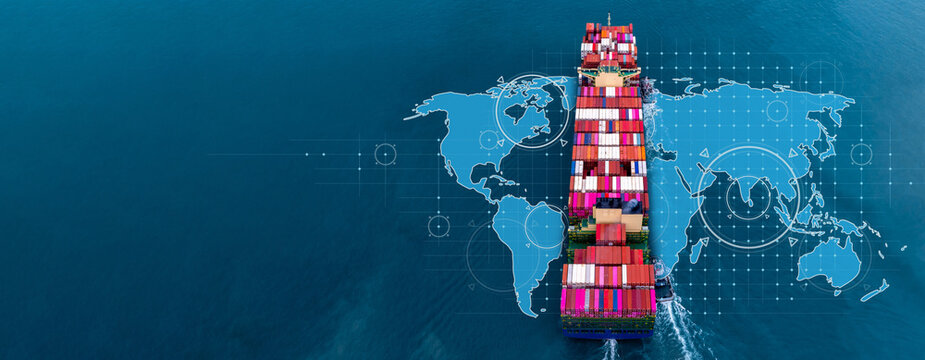 Aerial view container cargo ship international industrial, Global business import export transportation logistic by container cargo ship, Sea fright shipping industry, Container cargo freight shipping
