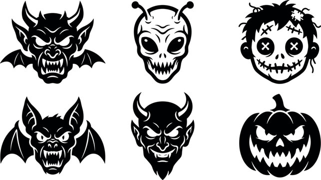 Spooky Halloween monster face vector icon set featuring gargoyle alien zombie doll flying bat horned devil and pumpkin jackolantern