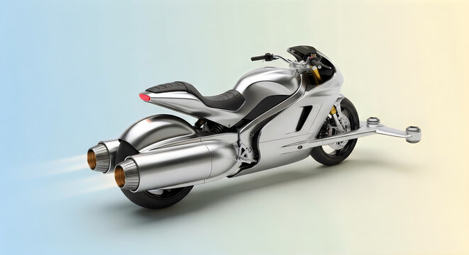 Futuristic silver motorcycle with dual jet engines and stabilizer arms for enhanced stability.