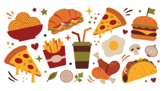 Fast food and street snacks collection in flat hand drawn style.