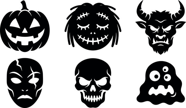 Spooky Halloween monster face vector icon set featuring pumpkin jackolantern voodoo doll horned demon cracked mask skull and slime alien