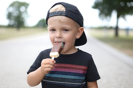 Young child standing paved path outdoors eating chocolate covered ice cream bar black T-shirt colorful stripes baseball cap backward background trees grassy park