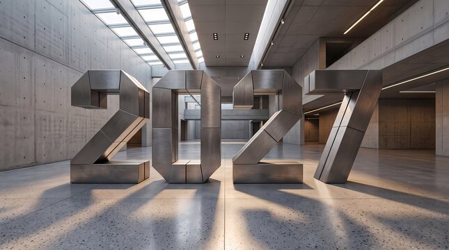 Large metallic 2027 numbers standing in a minimalist concrete hall for future concept