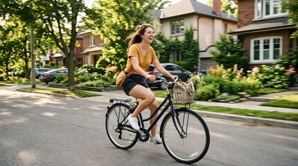 Fototapeta premium Happy young woman riding a bicycle on a residential street in summer