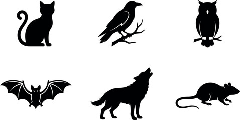 Obraz premium Spooky Halloween wildlife silhouette vector icon set featuring black cat crow raven owl flying bat howling wolf and rat