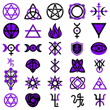 Occult symbols set featuring magic sigils and esoteric shapes in purple