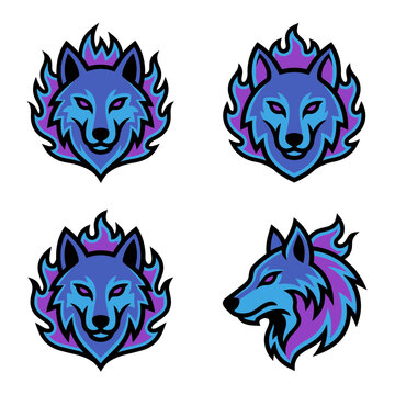 Wolf mascot logo set displaying fierce wild wolves enclosed in blue and purple flames for gaming teams.