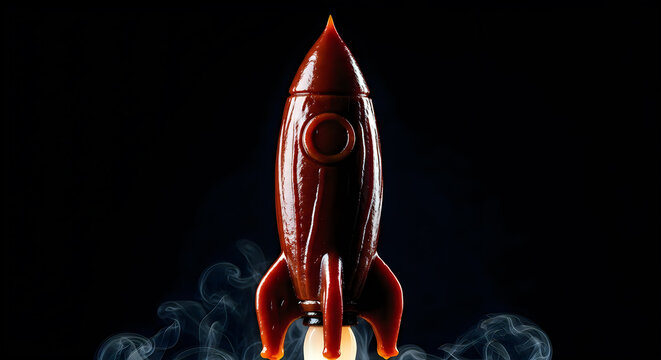 Glossy red rocket ship with smoky exhaust, dark studio, concept for launch or adventure.